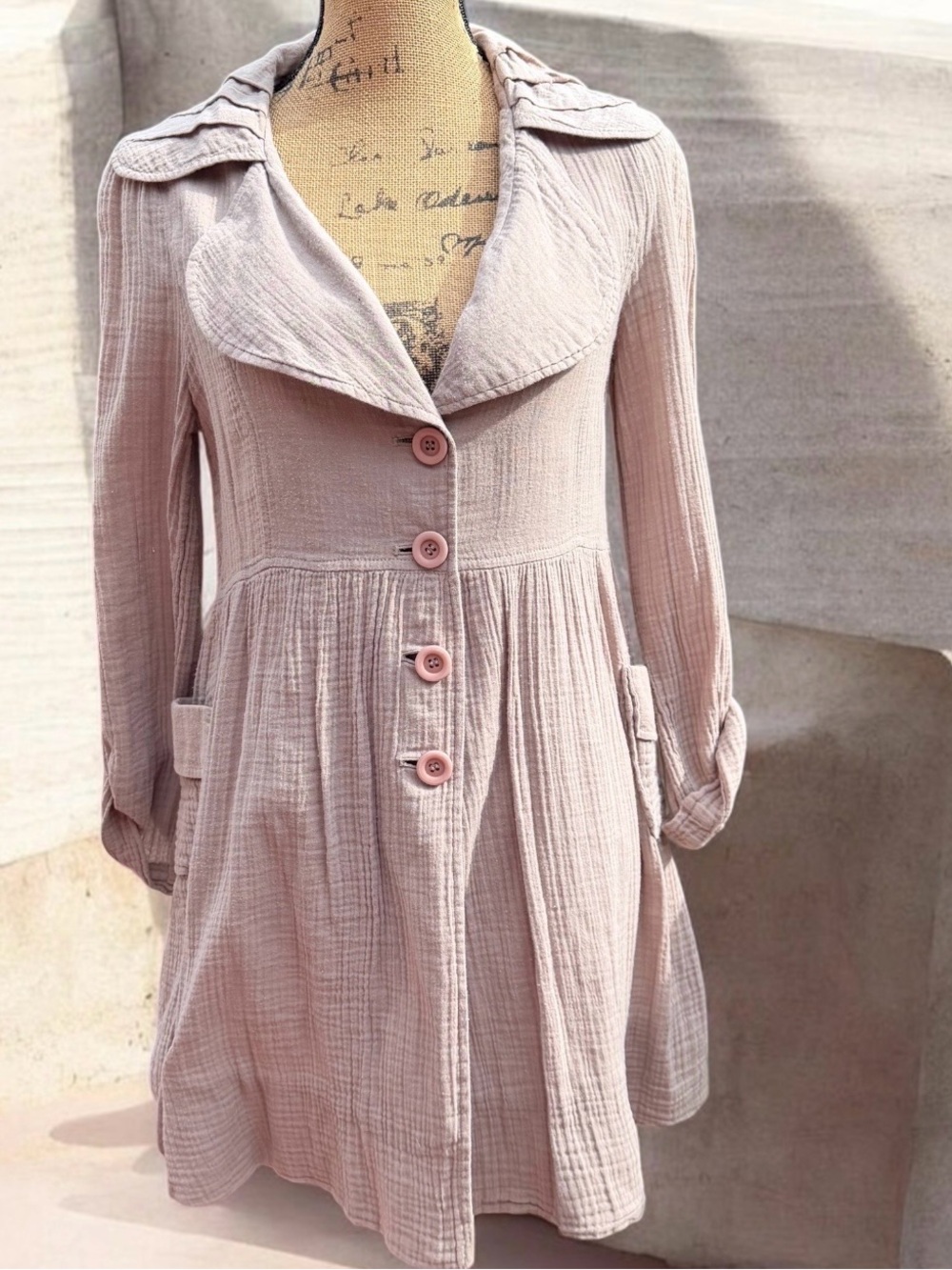 Vintage Vibe F21 Heritage Pink Crinkle Cotton Gauze Trench Swing Jacket Large